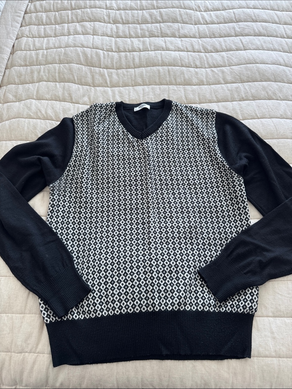 Men's Black & White Patterned V‑Neck Sweater by Moschino